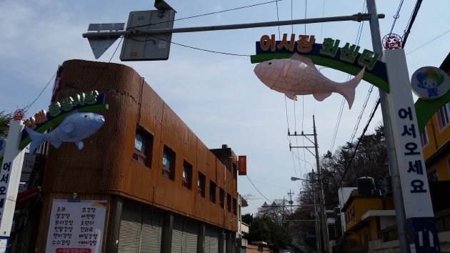 魚市場刺身センターと鎮海中央市場の看板